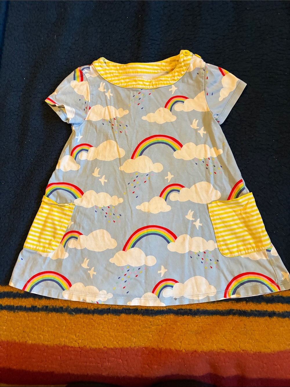 Mini Boden White Tee with Yellow Stripe Trim white clouds rainbow dress - Picture 3 of 6